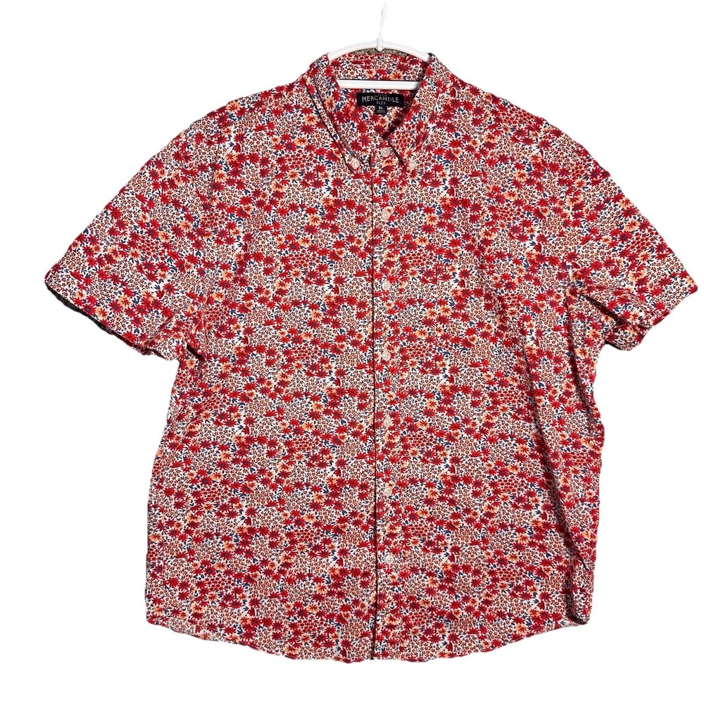 J. Crew Flex Mens XL Floral Print Short Sleeve Button Down Shirt Pocket Red Blue
